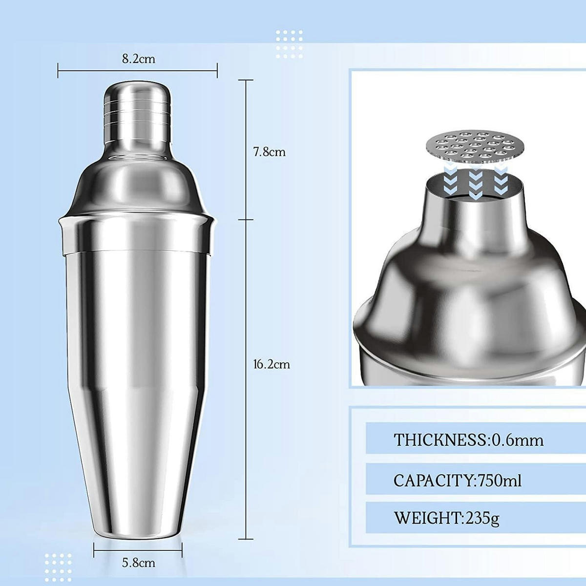 COCKTAILSHAKER Edelstahl 750 ml mit Sieb - Silberfarben, Metall (9.4/8.9/24cm)