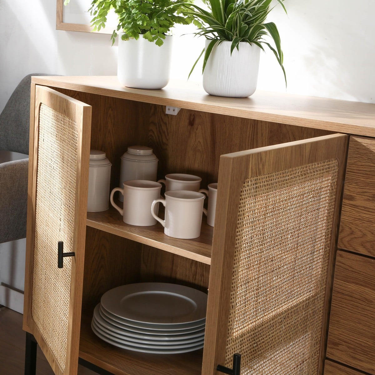 SIDEBOARD mit 2 türen und 3 schubladen aus rattan jaya 120/40/80 cm - Eschefarben, Holzwerkstoff (120/80/40cm) - Calicosy