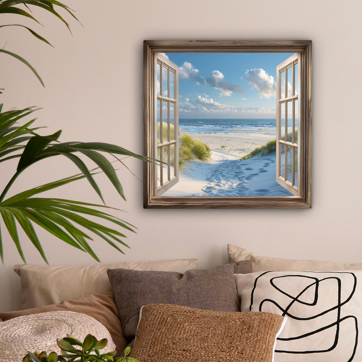 LEINWANDBILD Aussicht - Strand - Fenster - Dünen - Meer 50x50 cm - Hellblau, Textil (50/50cm) - MuchoWow