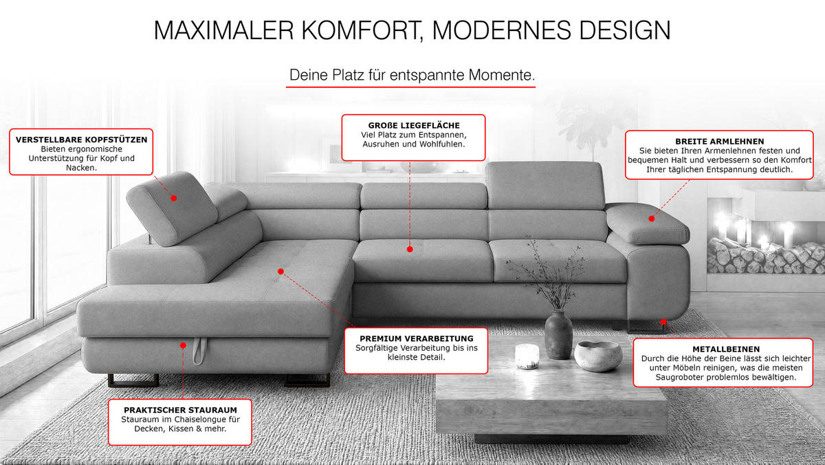 ECKSOFA Velmo mit Bettkasten und Schlaffunktion, verstellbaren Kopfstützen, in L-Form - Hellgrau, Textil (275/203cm)