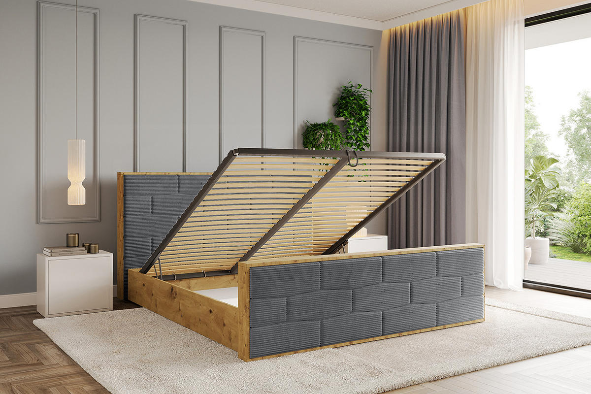 POLSTERBETT mit Bettkasten, Fußteil und Lattenrost, Boxbett mit Matratze H3/H4 - ENZO8-Z 120x200 Dunkelgrau - Anthrazit, Holzwerkstoff/Textil (120/200cm) - ALTDECOR