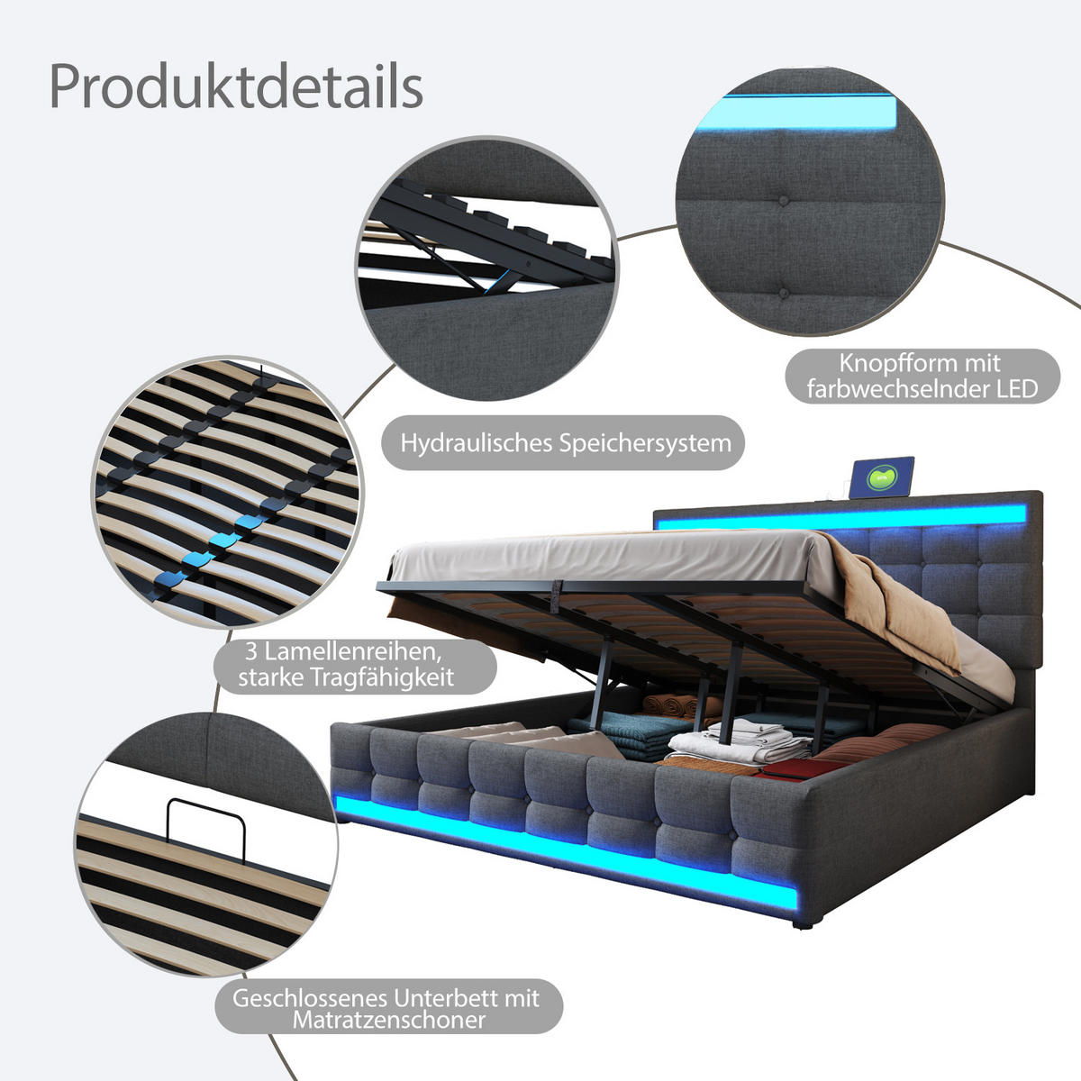 POLSTERBETT 180/200 cm Grau mit LED-Beleuchtung und USB-Anschlüssen - Grau, Textil (180/200cm) - OKWISH