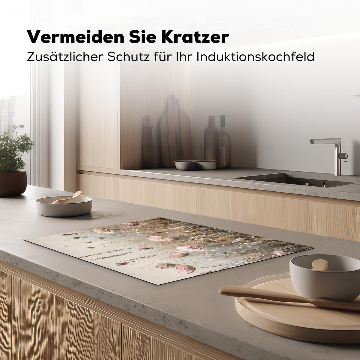 HERDABDECKPLATTE Blumen - Beige - Trockenblumen 70x52 cm - Beige, Kunststoff (70/52/0.2cm) - MuchoWow