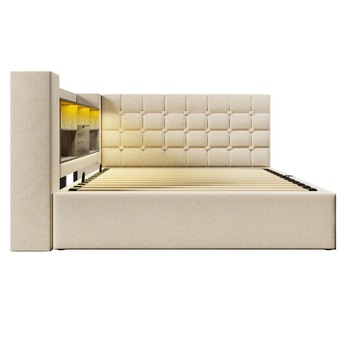 POLSTERBETT mit Stauraum und LED 140x200 cm Beige - Beige, Metall (140/200cm) - Meubliv
