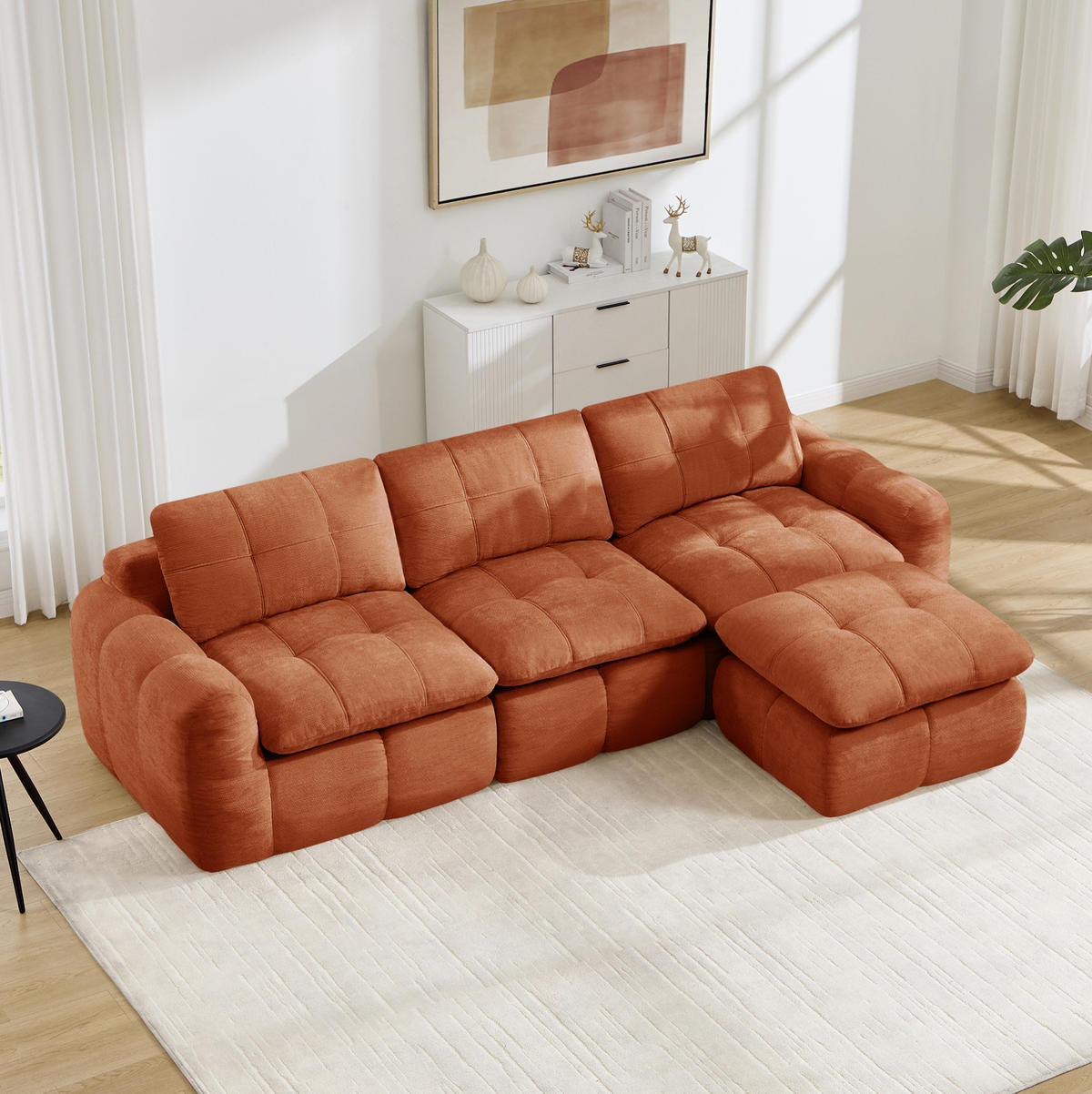 SOFA 264/160/68 cm in Orange aus Chenille mit Ottoman - Orange, Textil (160/68/264cm) - Flora Grace