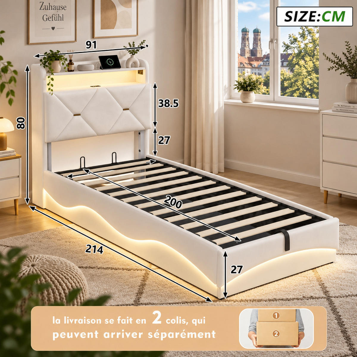 POLSTERBETT 90/200 cm，LED Bett Beige mit Stauraum & USB,Lattenrost - Beige/Naturfarben, Holz/Textil (90/200cm) - FURNISHINGS HOME