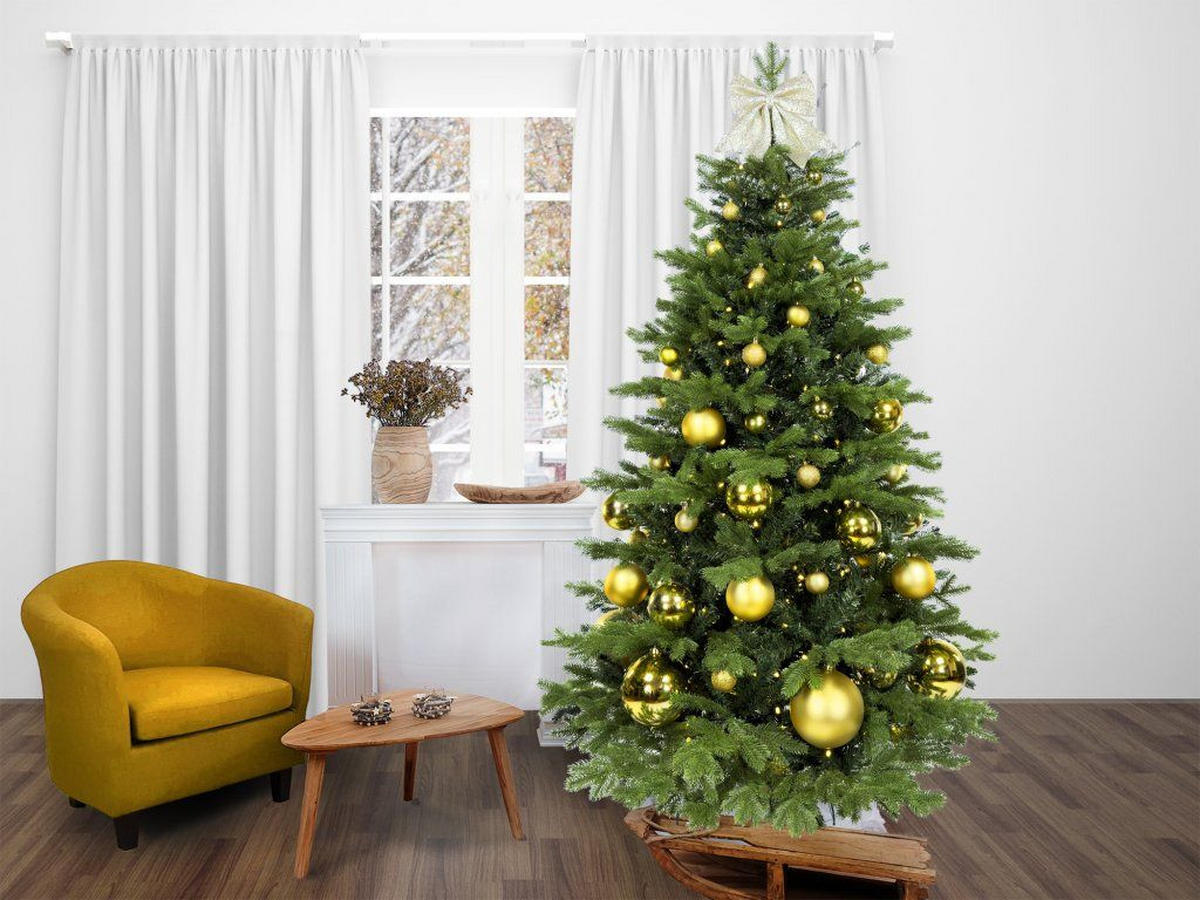 WEIHNACHTSBAUM künstlicher 150 cm, GOLDWEIHNACHTEN, mit 73-teiligem Weihnachtsbaumschmuck, inkl. Metallständer und Aufbewahrungsbox - Champagner/Goldfarben, Kunststoff/Metall (104/150cm) - LAALU
