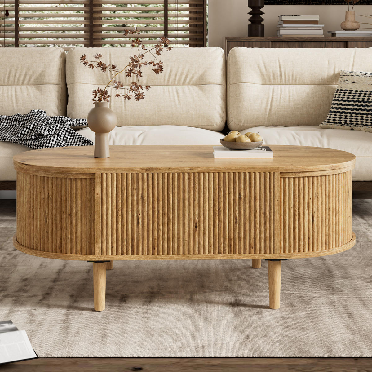 KONFERENČNÍSTOLEK Oválný Vlnitý Zvedací Úložný - barva dubu, kompozitní dřevo (100/48/54.5cm) - FLIEKS