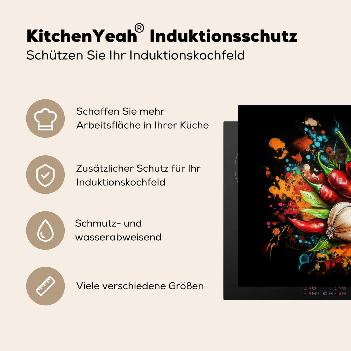 HERDABDECKPLATTE Gemüse - Paprika - Knoblauch - Graffiti - Farbe - Bunt 91x52 cm - Rot, Kunststoff (91.2/52/0.2cm) - MuchoWow