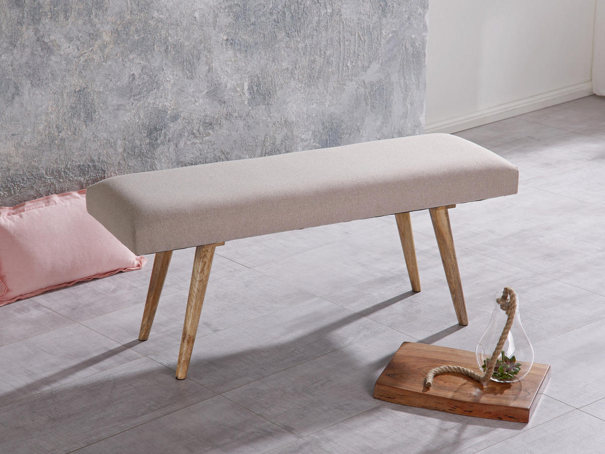 SITZBANK SILE Retro Stil Stoffbezug Massivholz, Beige 117x38x51 cm - Beige/Braun, Mangoholz/Textil (117/51/38cm) - KADIMA DESIGN