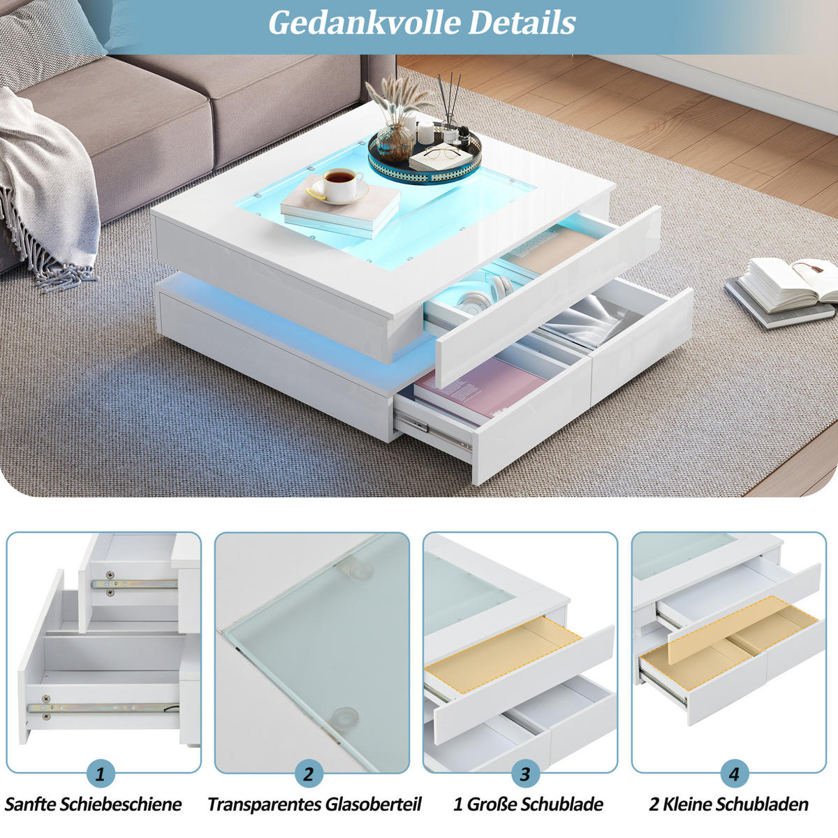 KONFERENČNÍ stolek 70/70/35 cm bílý ze skla a dřevotřísky s LED osvětlením a 3 zásuvkami - bílá, kompozitní dřevo (70/70/35cm) - OKWISH