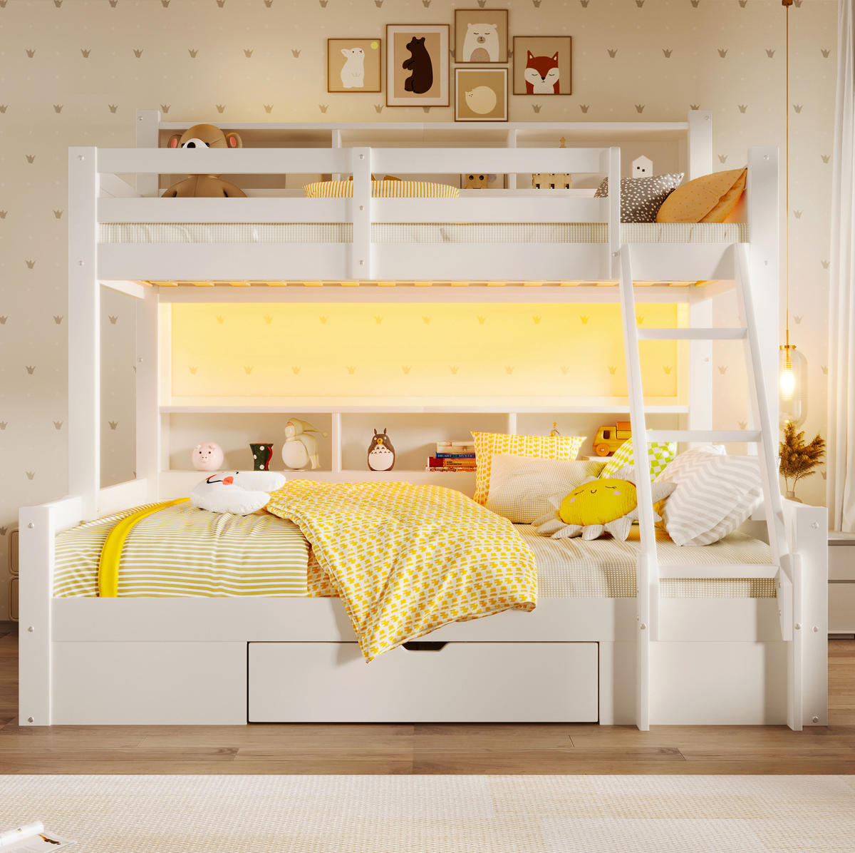 ETAGENBETT 90/200 cm + 140/200 cm mit LED-Beleuchtung, Stauraum, Schublade und variabler Leiter aus Massivholz, Weiß - Weiß, Holz (90/200cm) - Redom