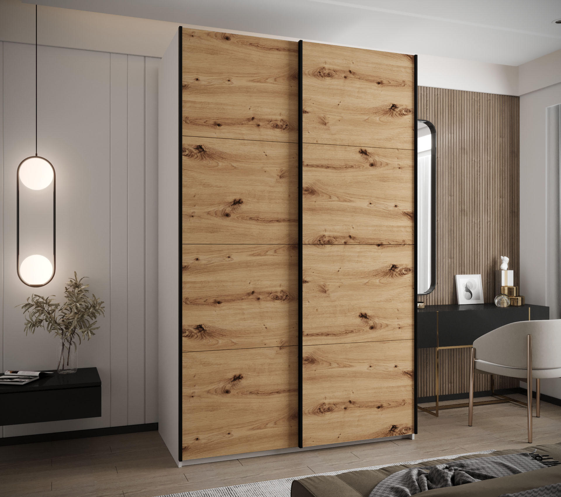 SCHWEBETÜRENSCHRANK 245,5/160/64 2-türig - Schwarz/Eiche Artisan, Holz/Metall (160/245/64cm) - Abiks Möbel