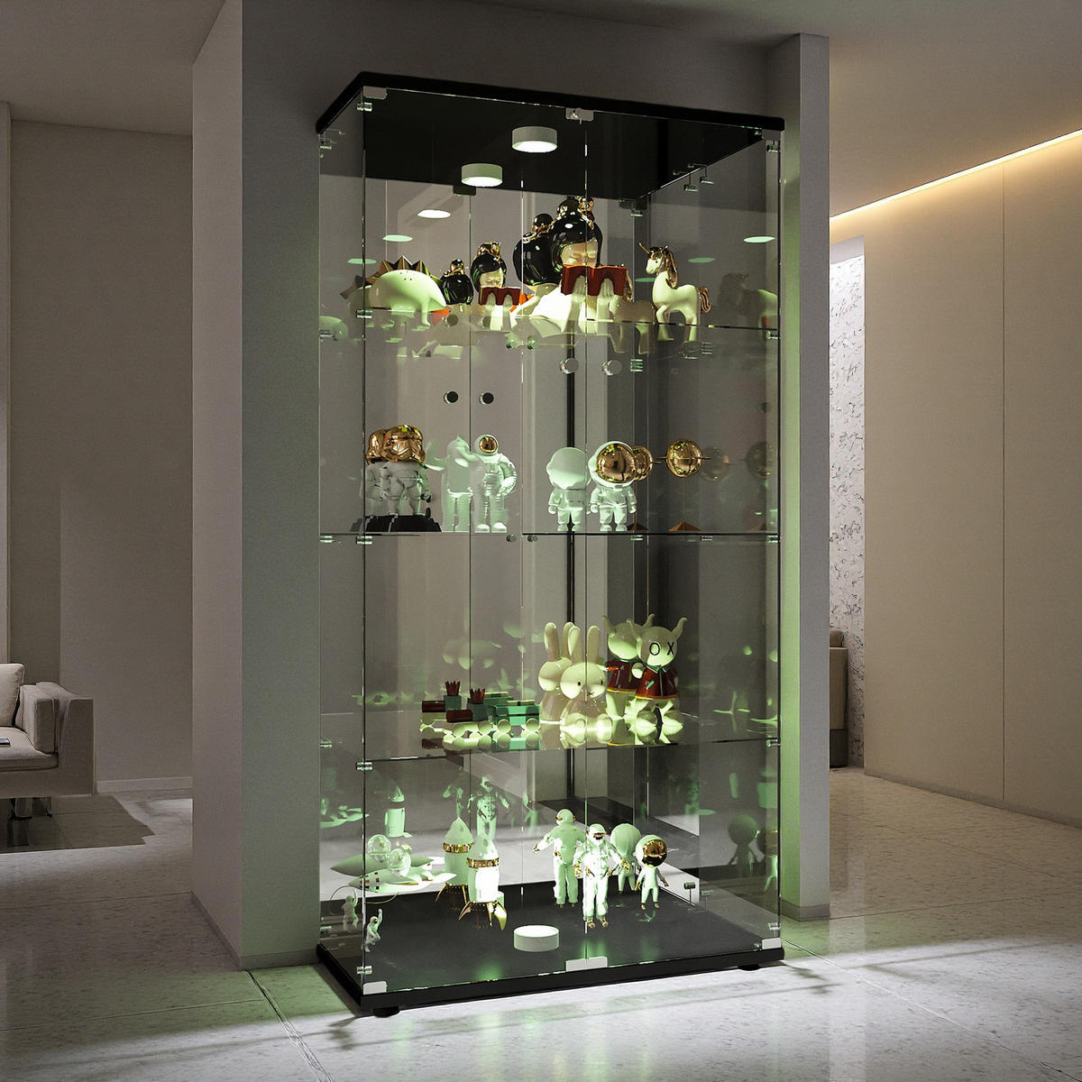 GLASVITRINE Doppeltür 80,5×36,5×163,9 cm schwarz mit LED, Spiegelrückwand & 4 Glasböden - Schwarz, Glas (36.5/164/80.5cm) - SHOPENTRA
