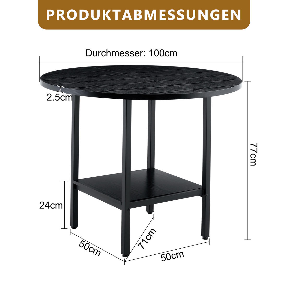 ESSTISCH Schwarz mit Ablagefach und Metallgestell 100/100/77 cm - Schwarz, Holz (100/100/77cm) - Oxeza