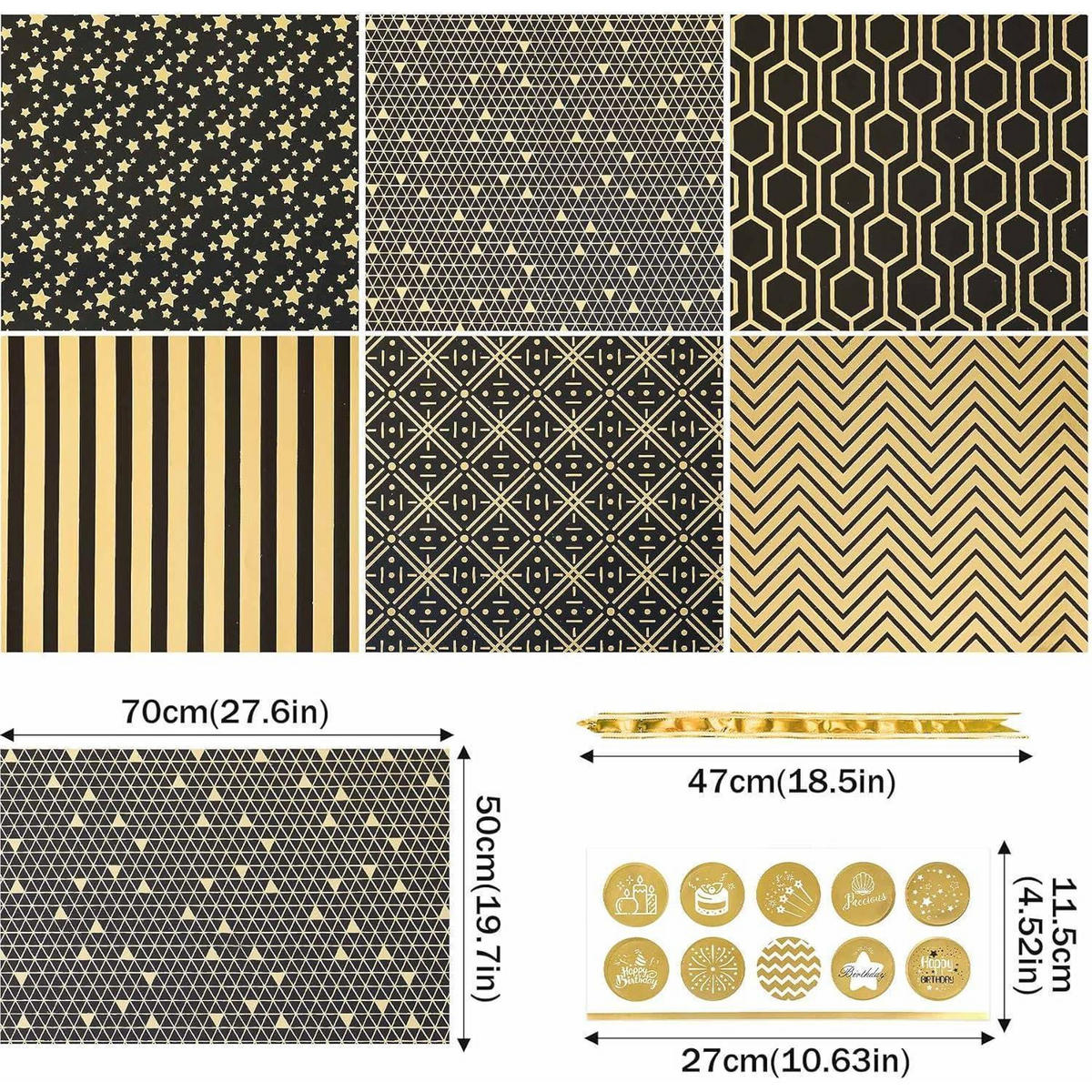 GESCHENKPAPIER Set Schwarz-Gold 6 Blatt 70 x 50 cm - Multicolor, Papier (50/50/70cm)