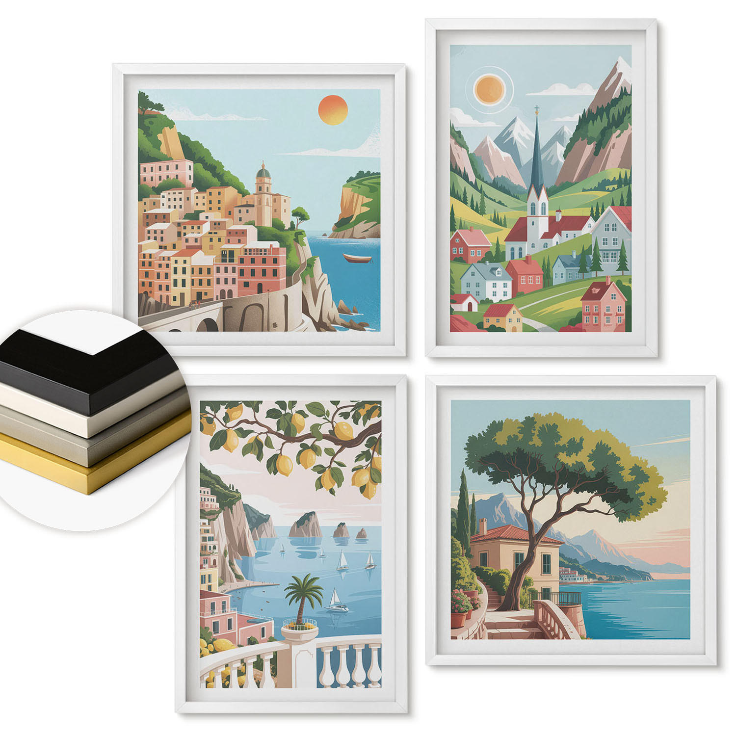 WANDBILDER 4er-Set - 50x50 cm & 40x60 cm Weißer Rahmen - Meereslandschaften, Zitrusfrüchte - Weiß, Kunststoff (50/50cm) - ArtPrintCave