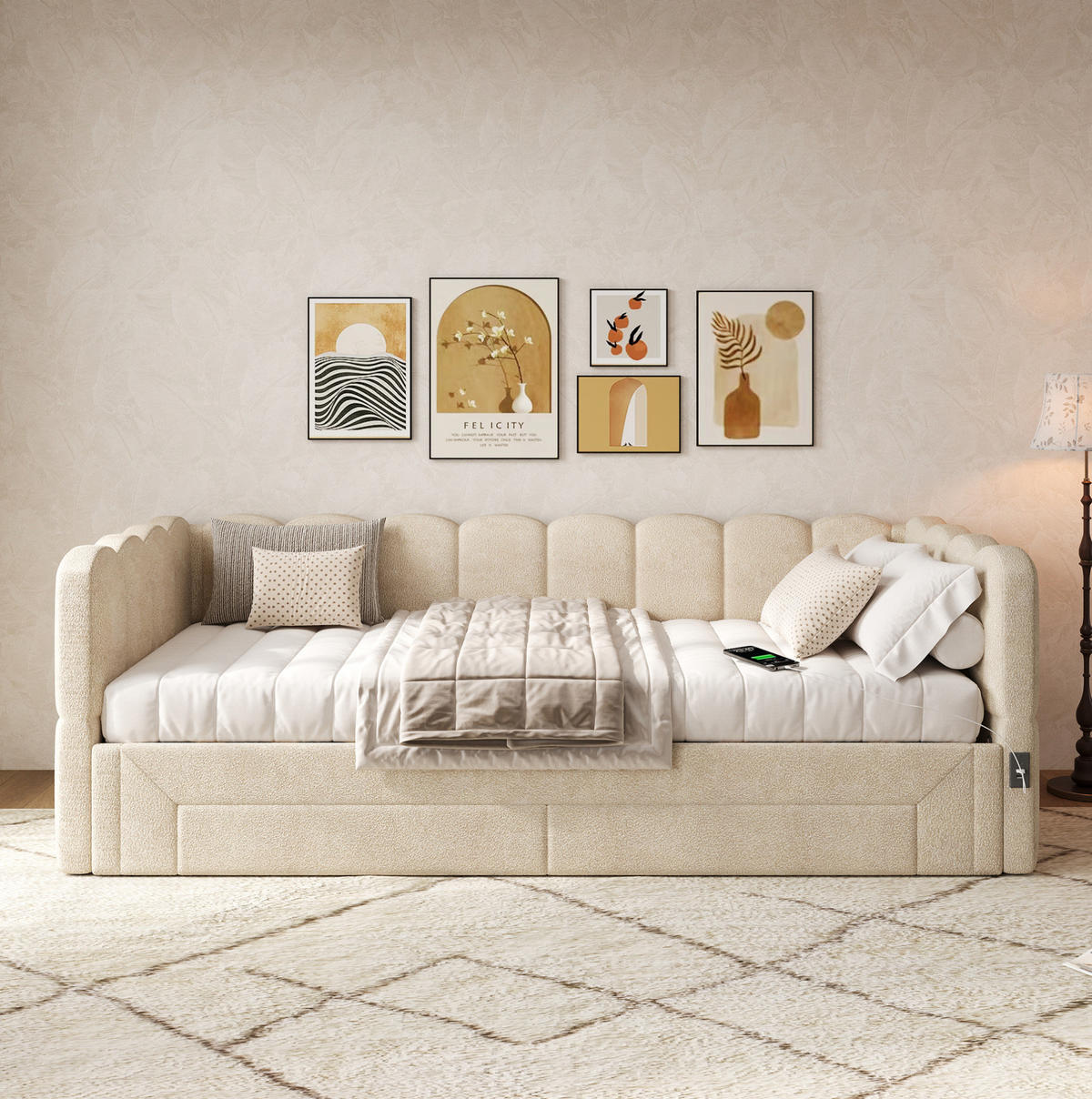 POLSTERBETT 90/180x200 cm Beige aus Chenille mit 2 Schubladen und USB - Beige, Textil (90/200cm) - Flora Grace