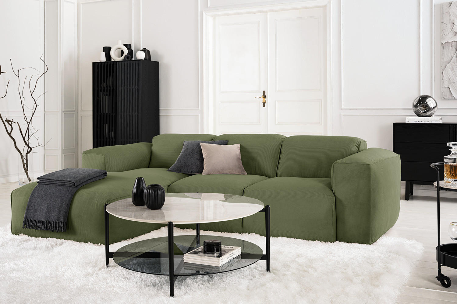 3-SITZER ECKSOFA mit Longchair - Dunkelgrün/Schwarz, Textil (251/173cm) - home24