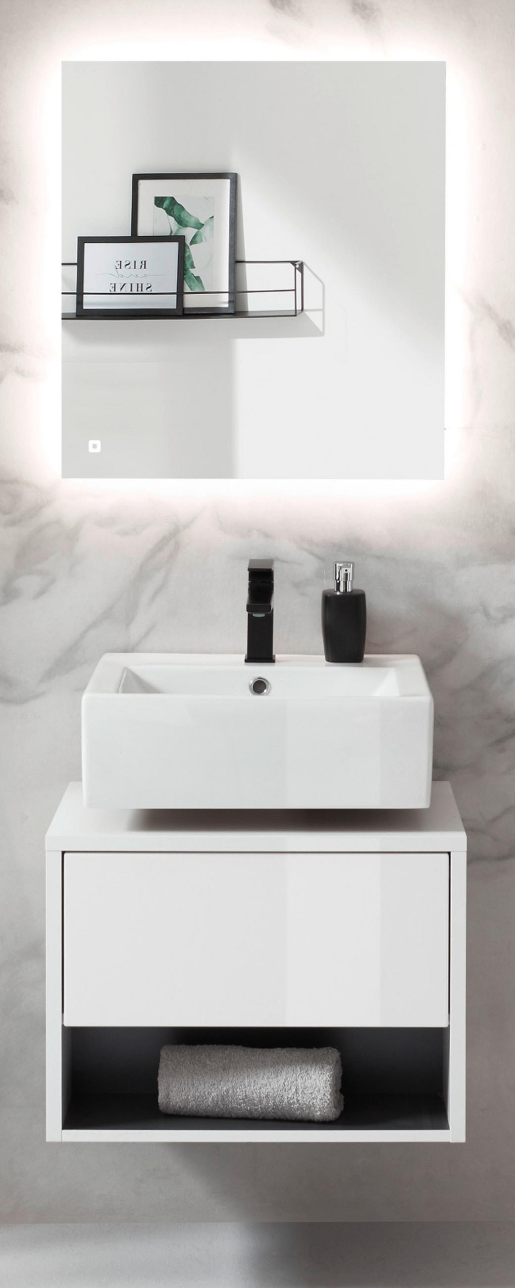 BADMÖBEL Set 2-teilig in weiß Hochglanz und grau mit LED Beleuchtung 60 x 190 cm Glide - Weiß Hochglanz/Grau, Glas/Holzwerkstoff (60/190/46cm) - Furn.Design