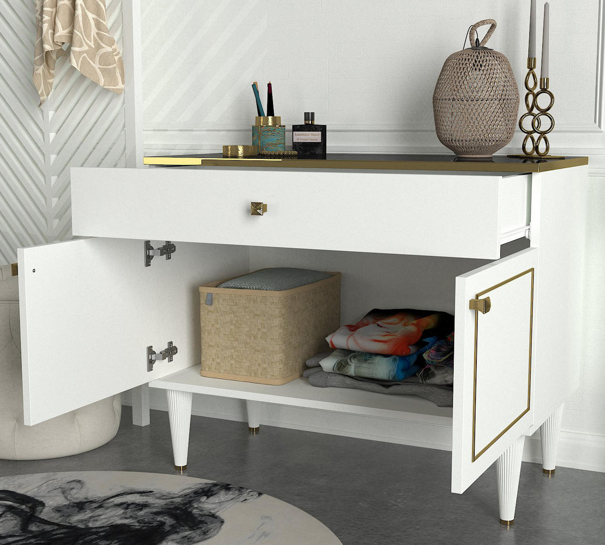 KOMMODE Ravenna Weiß Marmor Optik - Goldfarben/Weiß, Holz/Holzwerkstoff (90/76/44.8cm) - moebel17