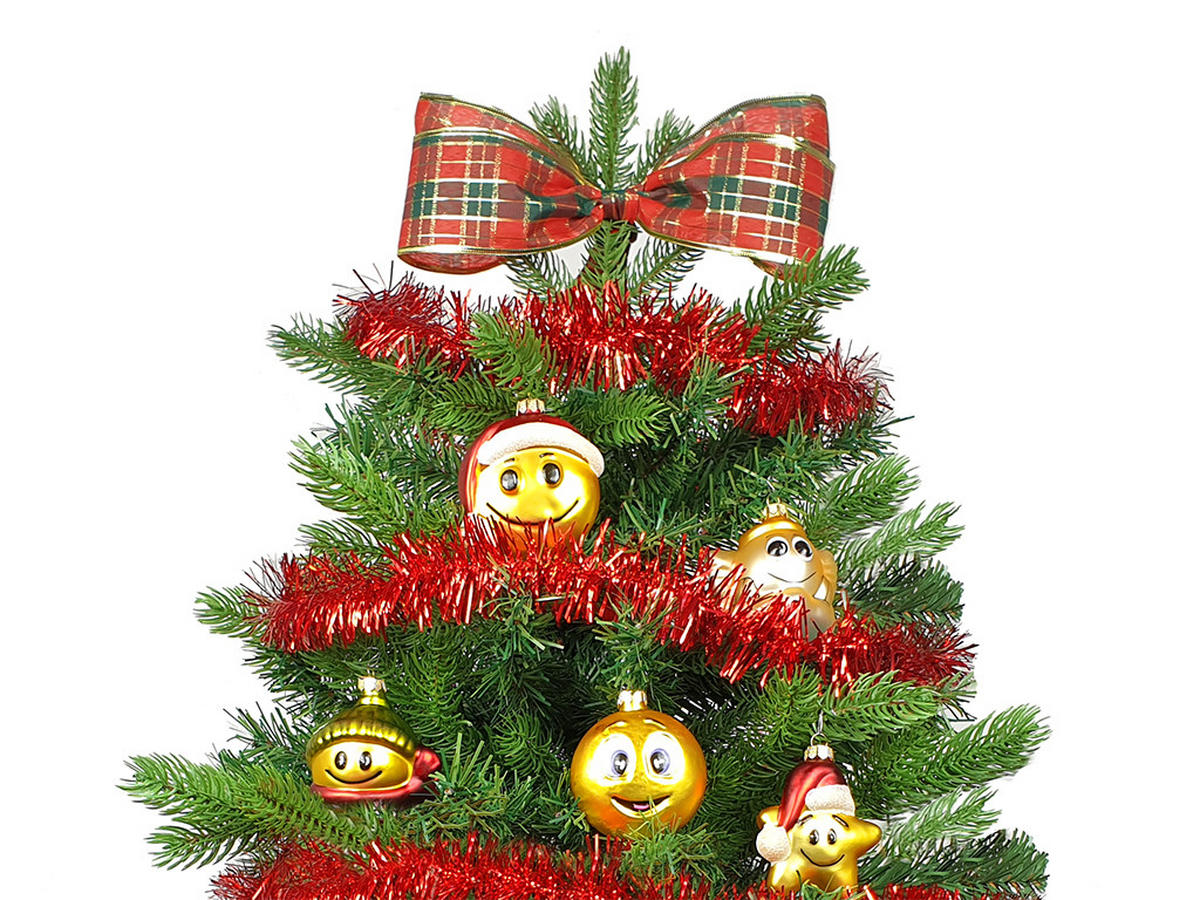 WEIHNACHTSBAUM künstlicher 60 cm mit LED-Beleuchtung, SMILEYS, mit 16 Weihnachtsbaumschmuck, Pflanztopf mit Jutesack - Gelb/Rot, Kunststoff/Stein (40/60cm) - LAALU