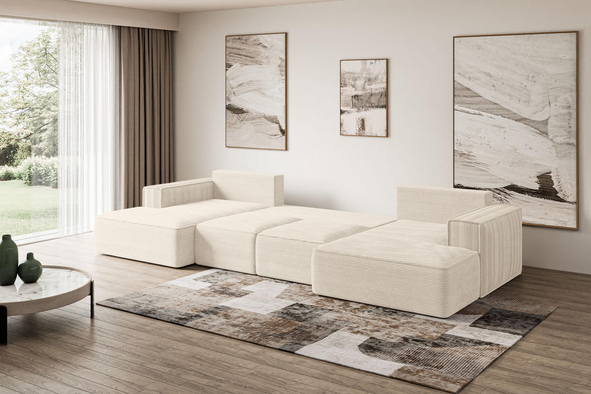 WOHNLANDSCHAFT mit Schlaffunktion und Bettkasten SIERRA-U-S - 349x161x87 cm Beige Cord - Beige/Schwarz, Holzwerkstoff/Kunststoff (349/87/161cm) - ALTDECOR