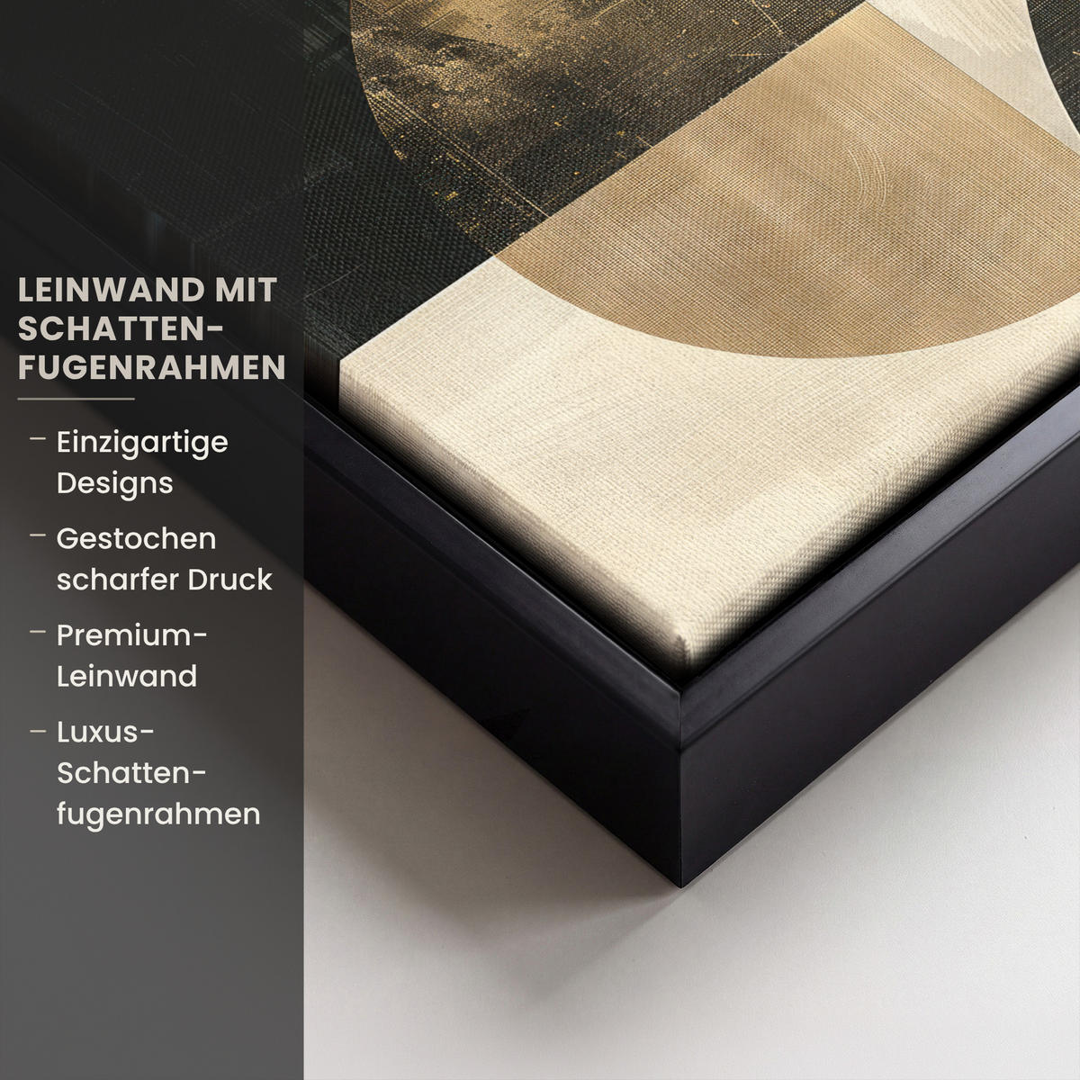 LEINWAND Bilder mit Rahmen - Abstrakt - Geometrische Formen - Schwarz - Gold - 20x20 - Ecru, Textil (20/20cm) - MuchoWow