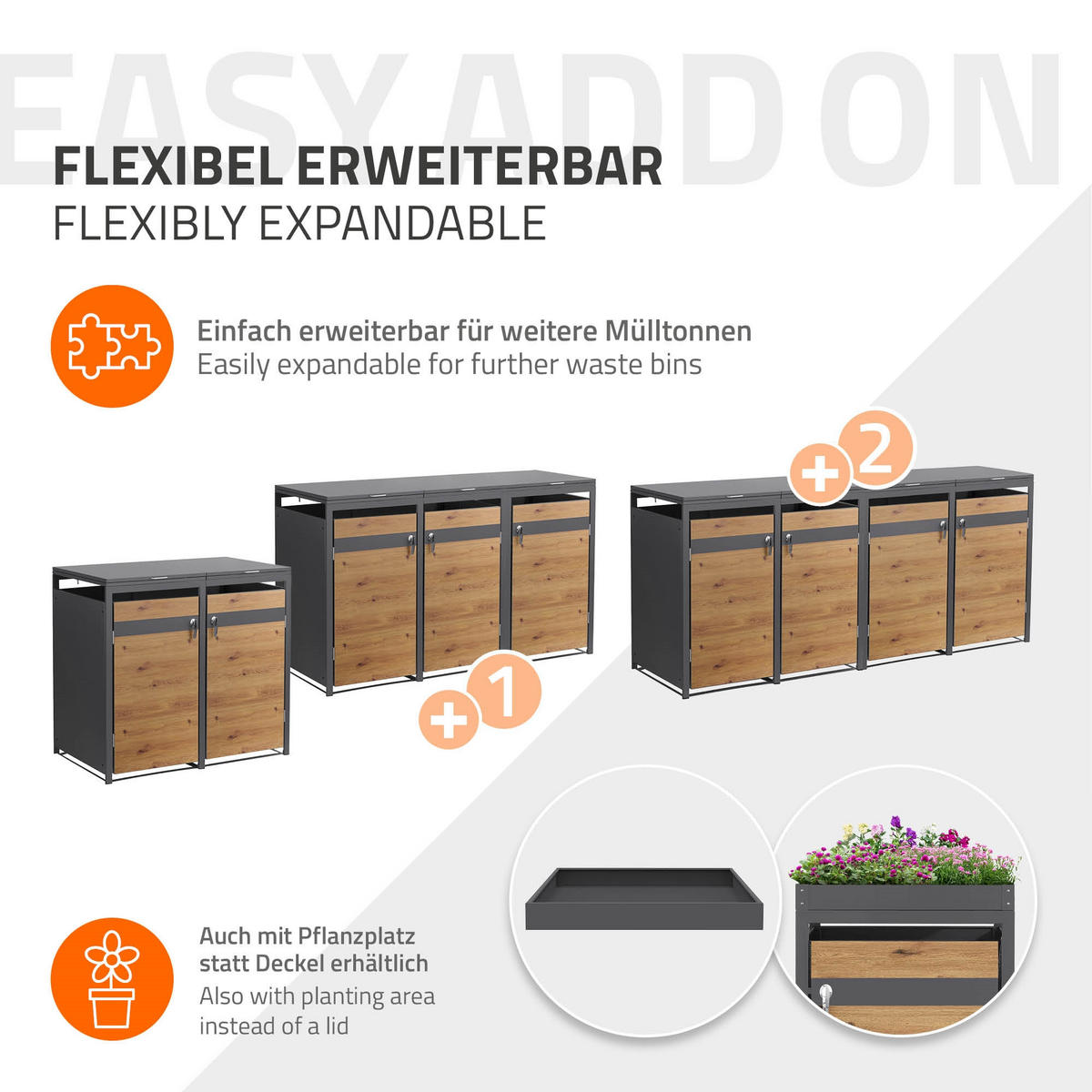 MÜLLTONNENBOX 2er Anthrazit-Eichenoptik - Braun, Metall (132/120/80cm) - ML-DESIGN