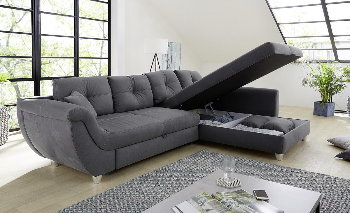 ECKSOFA mit Schlaffunktion und großem Bettkasten, seitenverkehrt montierbar B330/T207/H90 cm, Liegefl. 153x270 cm, Mikrofaser Grau / 15230 - Chromfarben/Grau, Kunststoff/Textil (330/207cm) - luma-home