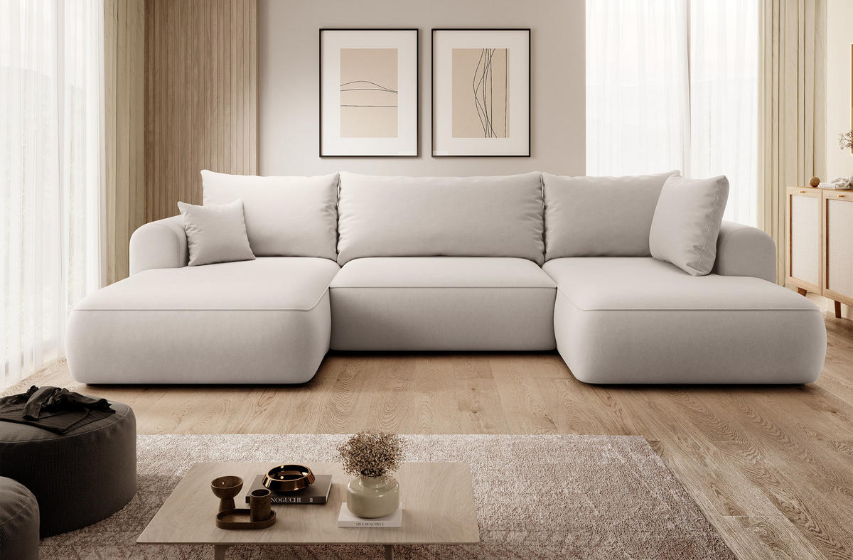 WOHNLANDSCHAFT Ovo Creme Velours - Creme/Schwarz, Textil (375/95/185cm) - Selsey