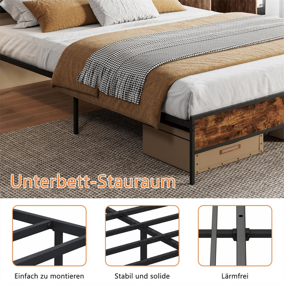 METALLBETT 140x200 cm mit LED Beleuchtung - Kopfteil-Stauraum - USB- und USB-C - Schwarz+Grau - ohne Matratze - Schwarz, Metall (140/200cm) - DELFA