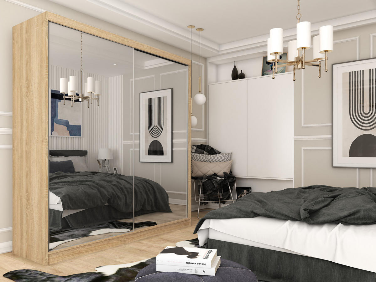 SCHWEBETÜRENSCHRANK BELLINA 200/216/61 cm 2-türig mit Spiegel Sonoma Eiche - Sonoma Eiche, Holzwerkstoff (200/216/61cm) - MASSENO