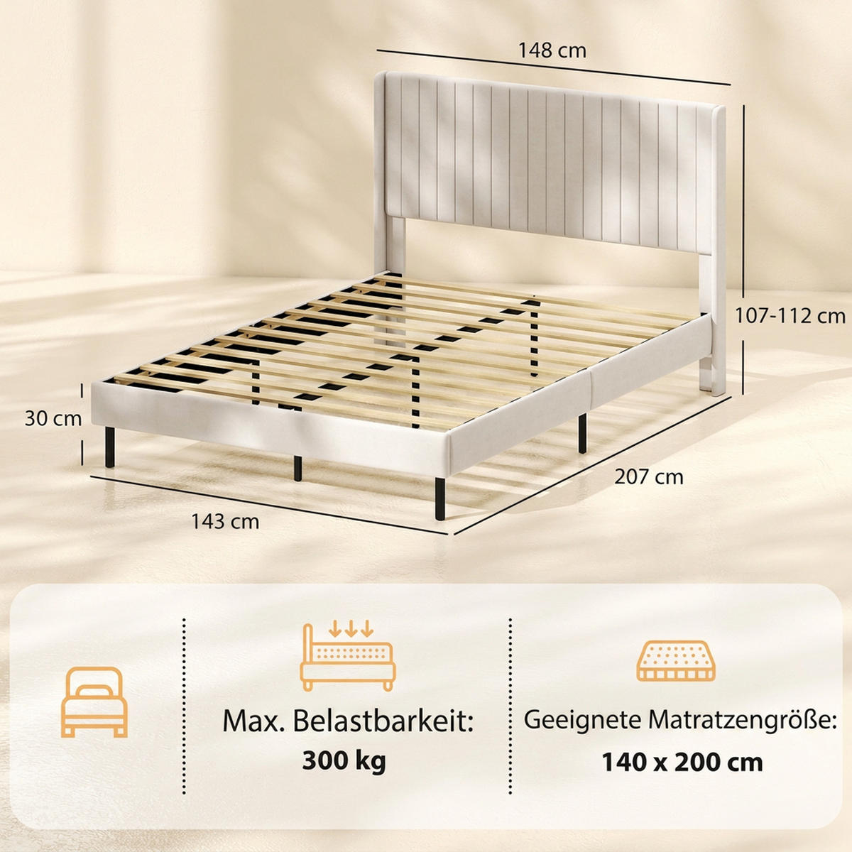 BETTGESTELL Holland-Samt Beige - Beige/Schwarz, Holzwerkstoff/Kunststoff (140/200cm) - HOMCOM