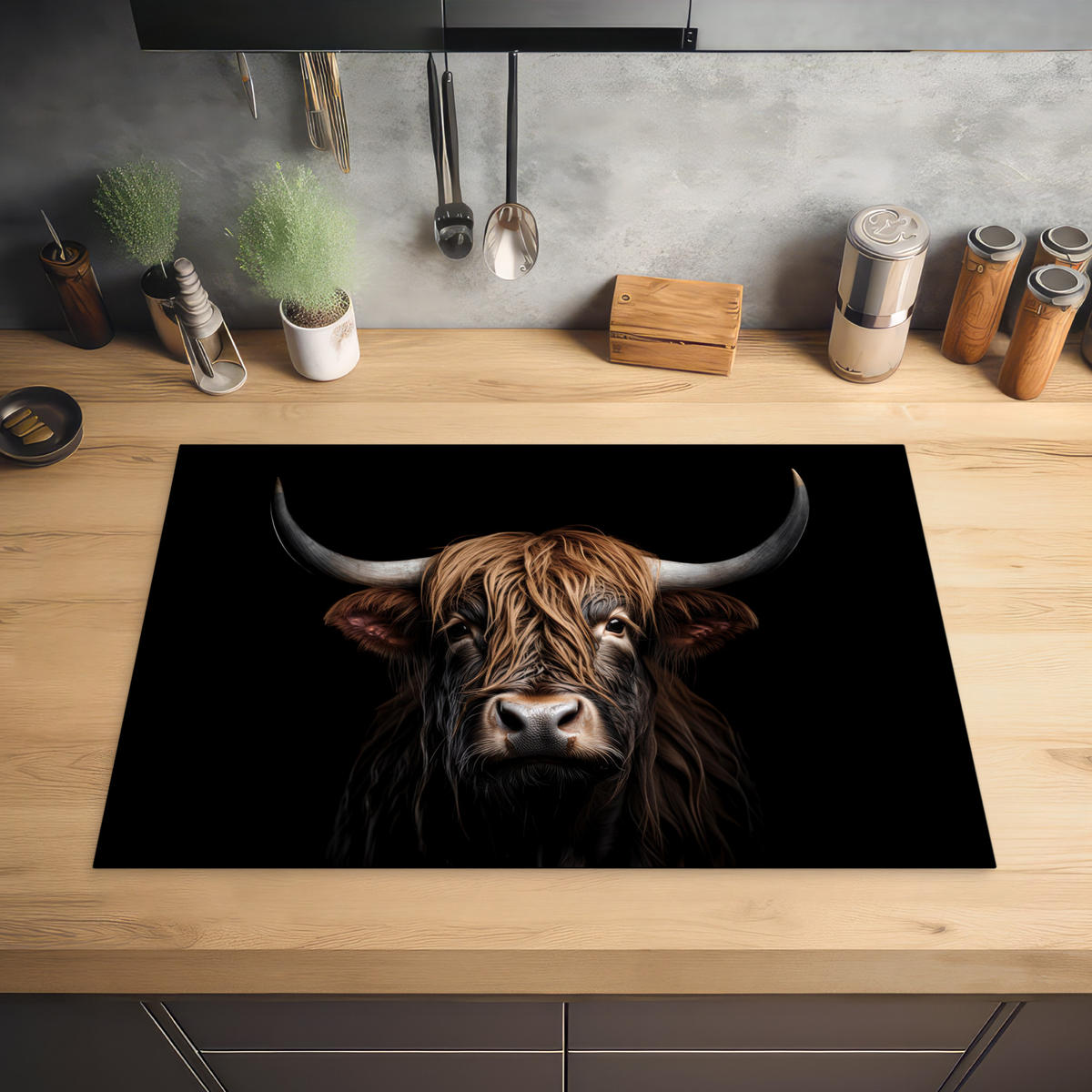 HERABDECKPLATTE - Schottischer Highlander - Porträt - Schwarz - Tier - 74x48 - Braun, Kunststoff (74/48/0.2cm) - MuchoWow