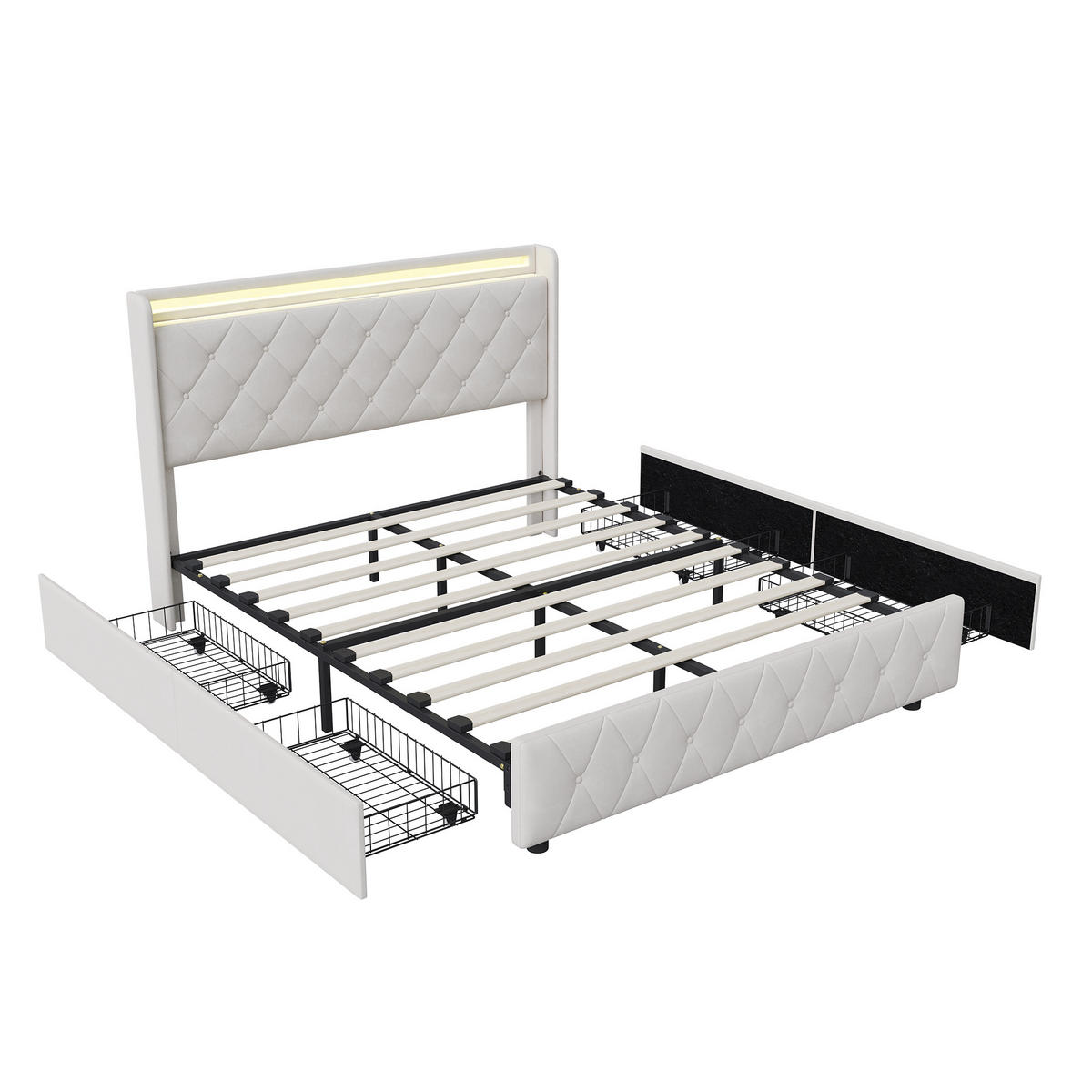 POLSTERBETT 160x200 cm LED USB 2 Schubladen Lattenrost beige - Beige, Holz (160/200cm) - LEBENLANG