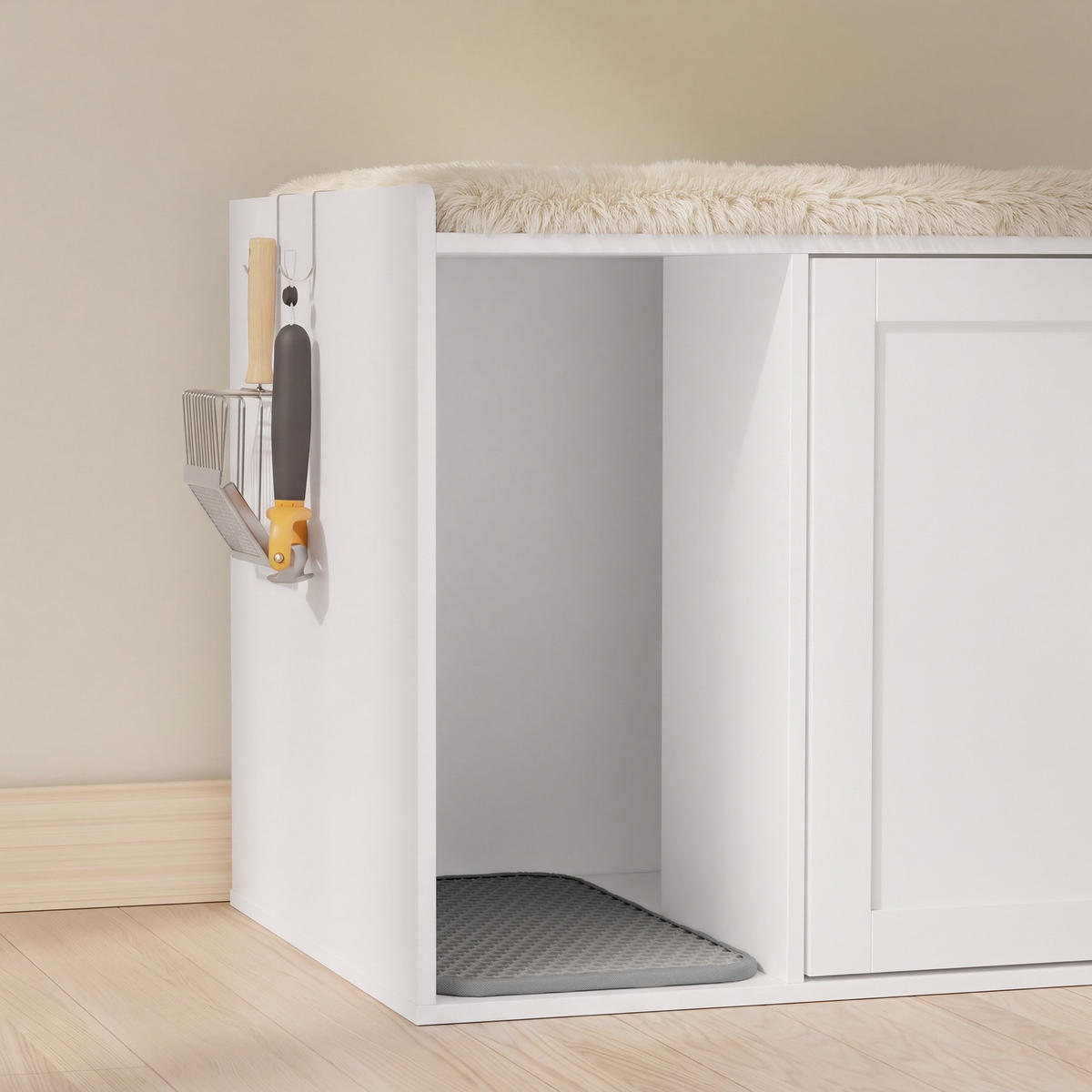 SITZBANK mit Aufbewahrung und Katzenklo-Verkleidung HAT07-E-W - Ahornfarben/Weiß, Holzwerkstoff/Fell (48/49.5/79.7cm) - SoBuy
