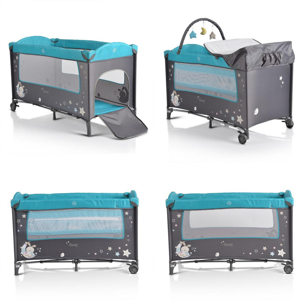 REISEBETT Sleepy Rollen grau türkis Wickelauflage, Matratze, Spielbogen, Seiteneingang - Grau, Kunststoff (60/120cm) - Moni