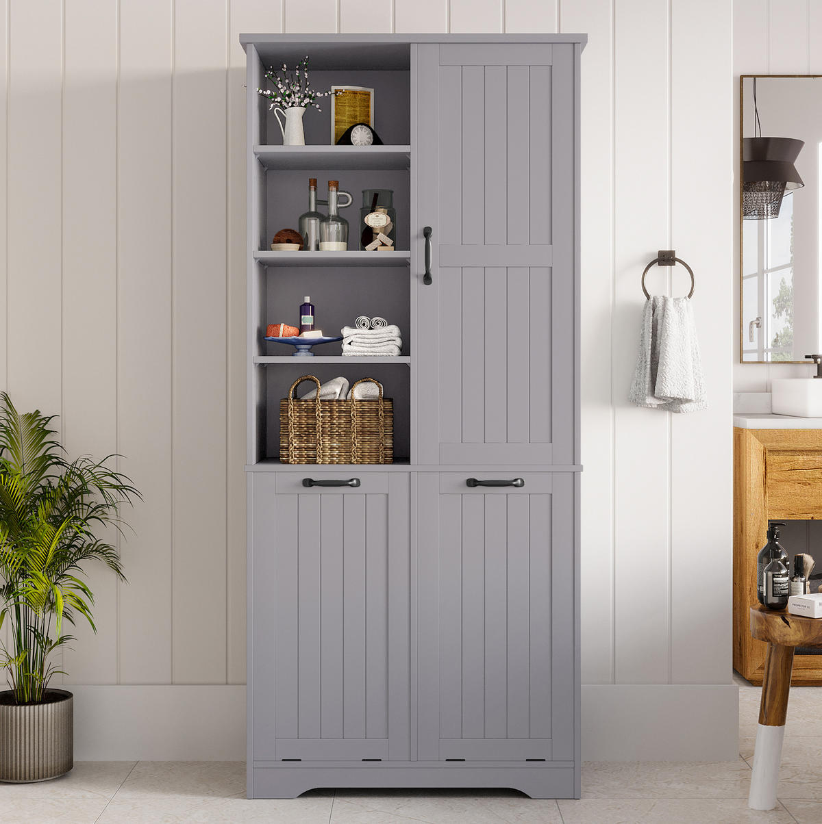 HOCHSCHRANK 78/35/172,7 cm aus MDF mit feuchtigkeitsbeständiger Lackierung und 2 Wäschekörben Grau - Grau, Holzwerkstoff (78/172.7/35cm) - Modenvie