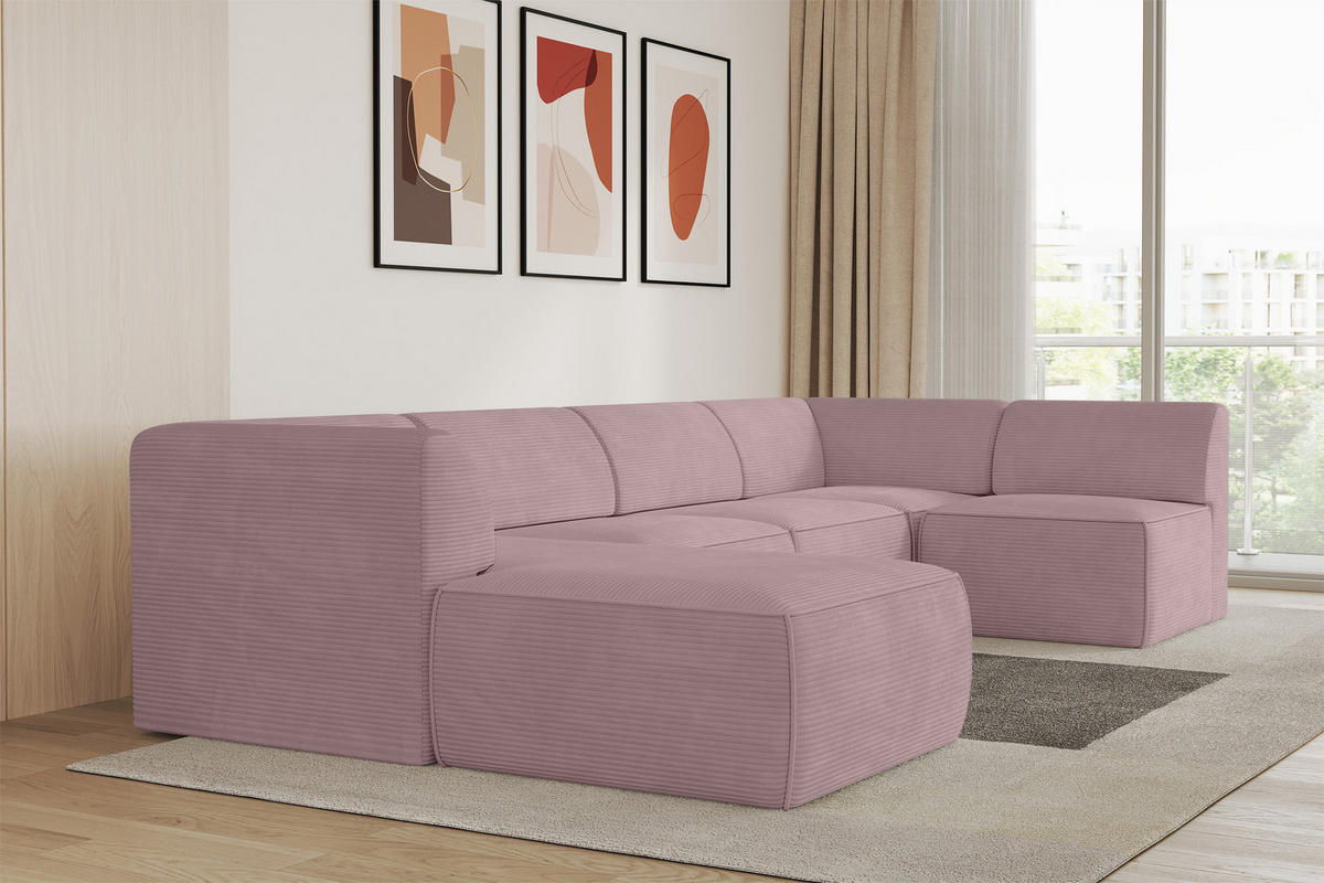 WOHNLANDSCHAFT Ottomane Links MOVO-L 345x180x78 cm Rosa Cord - Rosa, Holzwerkstoff/Kunststoff (345/78/180cm) - ALTDECOR