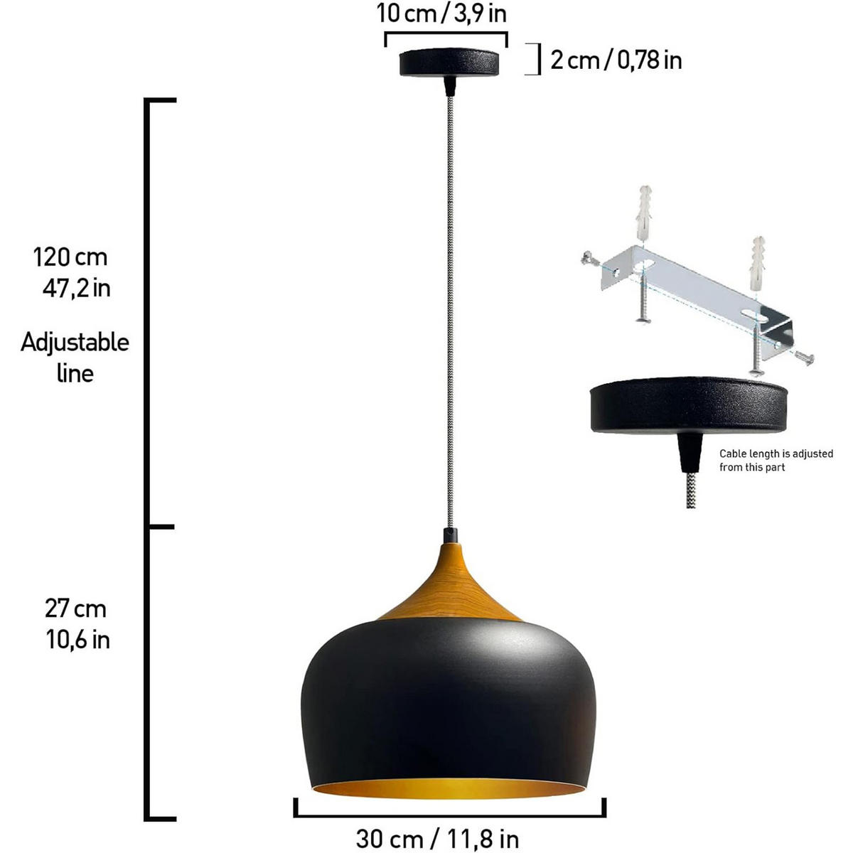 PENDELLEUCHTE Kreis 30/30 cm - Goldfarben/Schwarz, Holz/Metall (30/27cm) - Bamyum