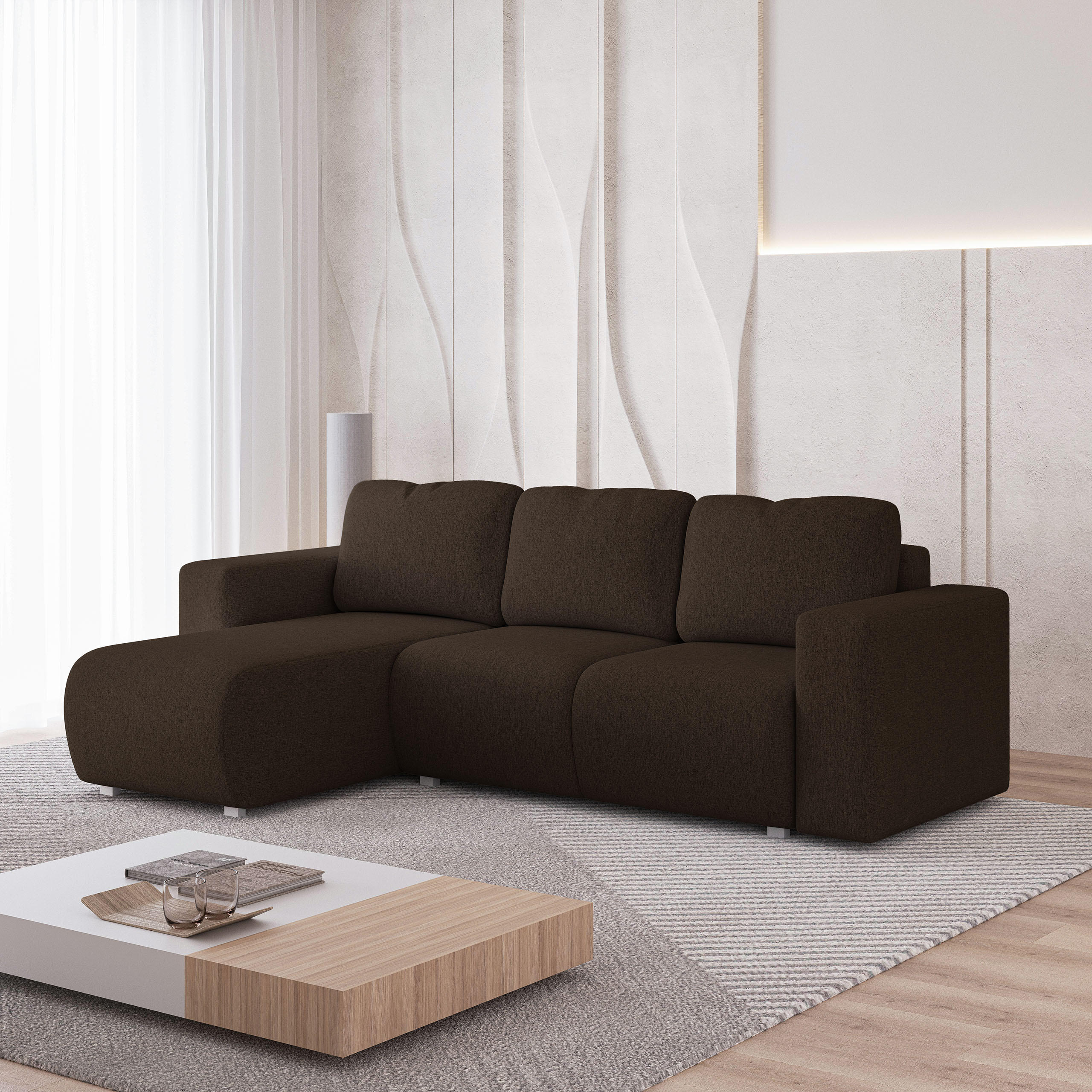 ECKSOFA RINOVA Braun Geflochtener Stoff mit Schlaffunktion - Dunkelbraun, Holz (250/143cm) - MASSENO