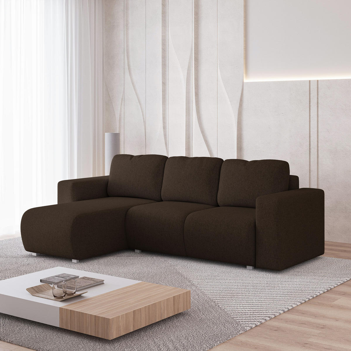ECKSOFA RINOVA Braun Geflochtener Stoff mit Schlaffunktion - Dunkelbraun, Holz (250/143cm) - MASSENO