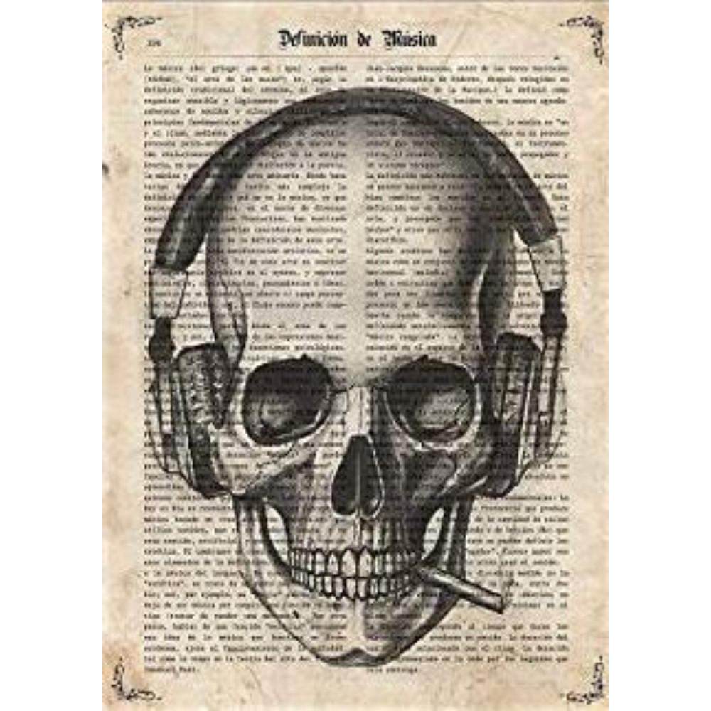 POSTER Schädel Mit Kopfhörern A4 Schwarzer Rahmen - Schwarz, Papier (29.7/5/21cm) - Nacnic