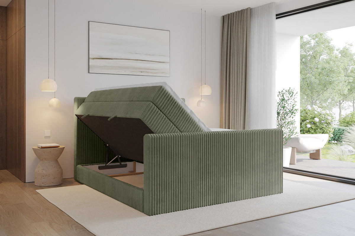 BOXSPRINGBETT mit Matratze H3|H4 und Lattenrost - TOLO-Z KING 140x200 Cord - Olive - Olivgrün, Holzwerkstoff (140/200cm) - ALTDECOR