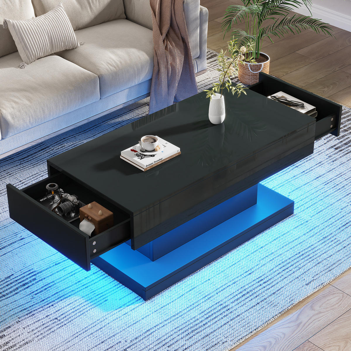 COUCHTISCH 100/50/45 cm Schwarz aus Spanplatte mit 2 Schubladen und LED-Lichtstreifen - Schwarz, Holzwerkstoff (100/50/45cm) - OKMYHOME