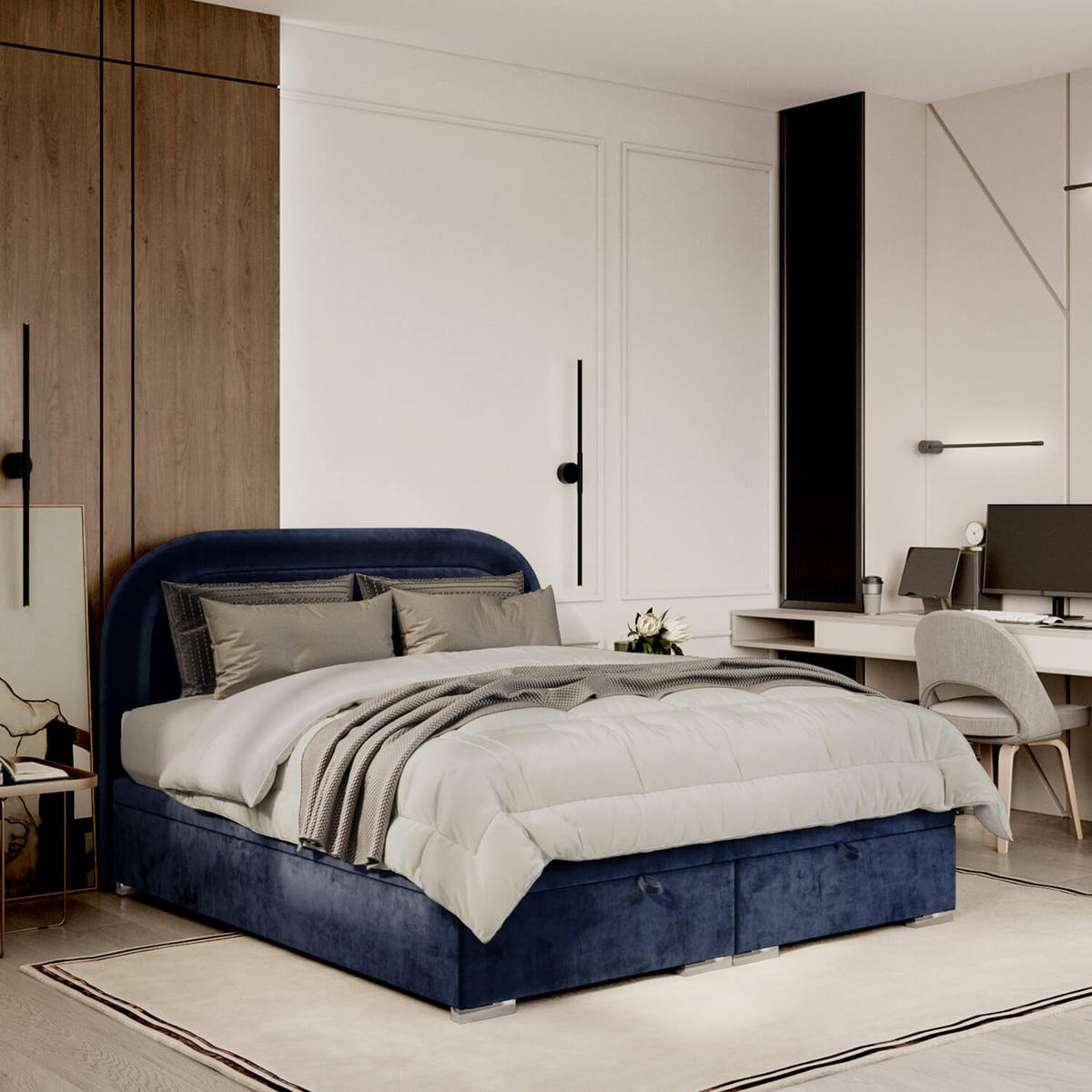 POLSTERBETT Harmony mit Stauraum 140/200 cm Marineblau im Lotta Stoff - Chromfarben/Dunkelblau, Holz/Holzwerkstoff (140/200cm) - AltaBeds