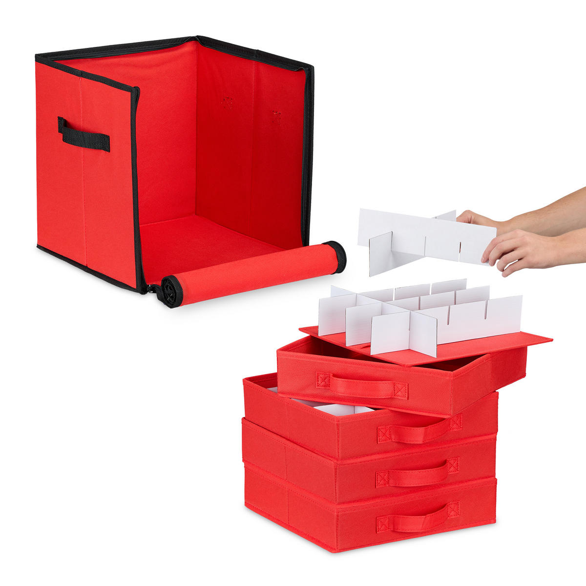 WEIHNACHTSKUGEL-AUFBEWAHRUNGSBOX - Rot, Wellpappe/Textil (31/30.5/30.5cm) - Relaxdays