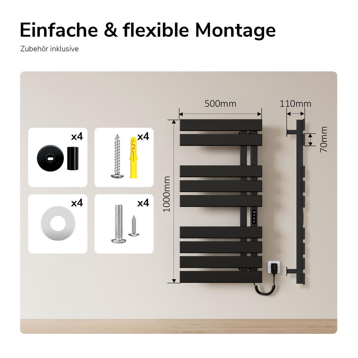 RADIJATOR Električni WiFi termostat Crni desni priključak 100/50 cm - crna, metal (50/100/11cm) - EMKE