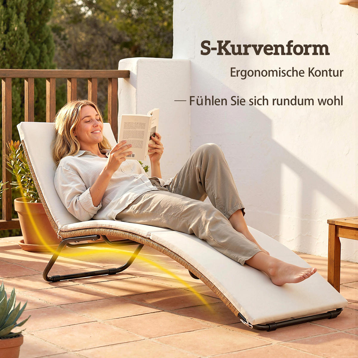 RATTAN-SONNENLIEGE Stahl PE-Rattan Cremeweiß - Creme/Schwarz, Textil/Metall (57/80/175cm) - Outsunny